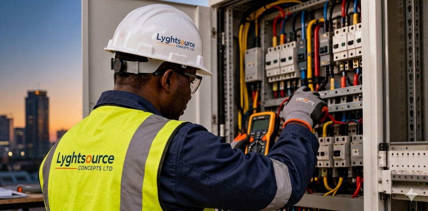 Lyghtsource engineer testing an electrical panel on site