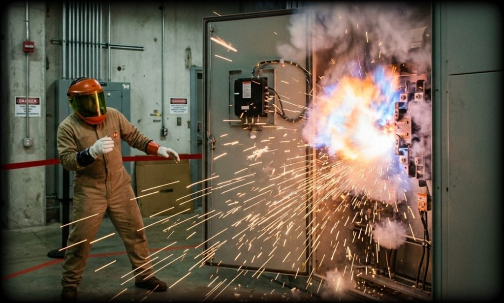 Arc flash hazard demonstration showing an electrical explosion during a safety test