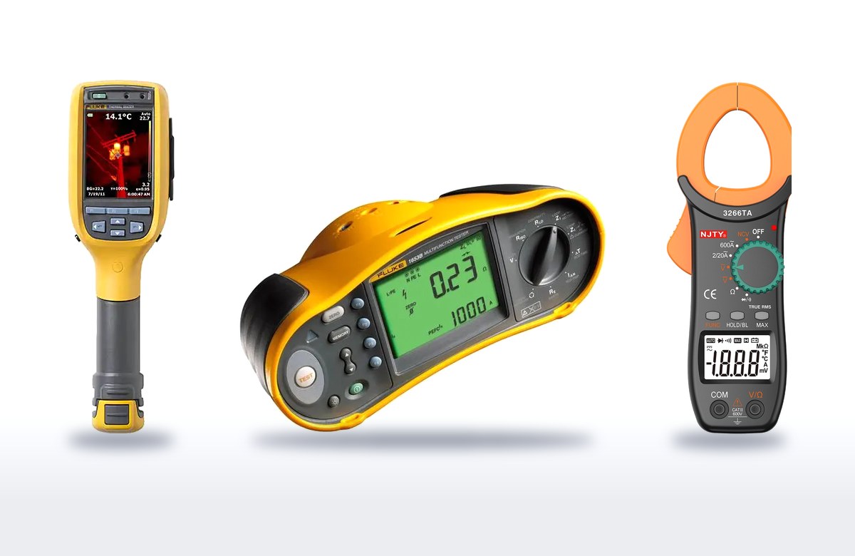 Fluke 1653B multifunction tester, Fluke TI125 thermal imager and a clamp meter available for hire